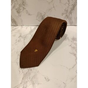 Vtg 70s Pierre Cardin Tie Brown Stripe Embroidered Logo Polyester Silk 3.25"